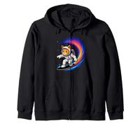 Funny Orange Cat Surfing Colorful Rainbow Astronaut Space Zip Hoodie