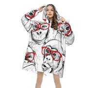 Funny Orangutan Monkey Portraits in Red Glasses Soft Hooded Blanket Oversized, Wearable Hoodie Pullover with Pocket, Cosy Winter Gift Idea for Family and Friends