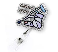 Funny Ortho Tech Badge Reel Retractable, Orthopedics ID Name Badge Clip, Glitter Radiology X-Ray Tech Badge Reel for Work, Physical Therapy Badge Holder with Alligator Clip & 24” Durable Nylon Cord