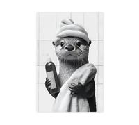 Funny Otter Bathing Wall Art Poster, Cute Animal in Bathrobe Holding Toilet Paper, Humor Poster for Bathroom, Living Room, Bedroom Canvas Print