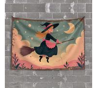 Funny Outdoor Decor A Witch Flying On A Broomstick Under A Starry Night Sky Tapestry Bar for Man Cave Backyard Bar Decor(75X100CM)