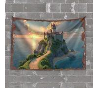 Funny Outdoor Decor Fantasy Castle On A Rocky Island at Sunset Tapestry Dorm Wall Decorations Funny Outdoor Decor(100X150CM)