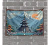 Funny Outdoor Decor Japanese Pagoda Amidst Snow-Capped Mountains and Serene Lake Tapestry Dorm Wall Decorations Funny Outdoor Decor(75X100CM)