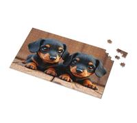 Funny Outdoor Decor Two Cute Black And Tan Puppies On Wooden Floor Picture Puzzle Metal Home Sign Man Cave Sign Funny(300PCS)