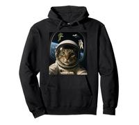 Funny Outer Space Cat with UFO and Astronauts Meme Pullover Hoodie