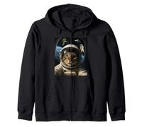 Funny Outer Space Cat with UFO and Astronauts Meme Zip Hoodie