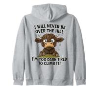 Funny Over the Hill Tired Highland Cow Humor Zip Hoodie