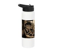Funny Paris Café Cat - Sophisticated Tabby Cat Portrait Stainless Steel Insulated Water Bottle