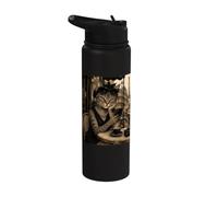 Funny Paris Café Cat - Sophisticated Tabby Cat Portrait Stainless Steel Insulated Water Bottle