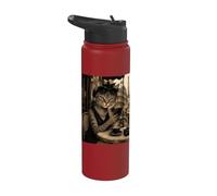 Funny Paris Café Cat - Sophisticated Tabby Cat Portrait Stainless Steel Insulated Water Bottle
