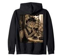 Funny Paris Café Cat - Sophisticated Tabby Cat Portrait Zip Hoodie