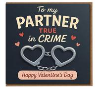 Funny Partner in Crime Valentine's Day Card - Heart Handcuffs Design - Romantic Card for Partner, Boyfriend, Girlfriend, Husband or Wife