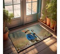 Funny Patio Decor A Rabbit In A Blue Coat Holding A Cane Doormat Outdoor Rug Waterproof Farmhouse Front Door Mat(65X90CM)