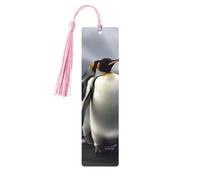 Funny Penguins Wooden Bookmarks 5 Pcs,Handmade Double-Sided Printed Book Marks Page Markers with Pink Tassels Book Accessories Gift for Book Lovers Women Men