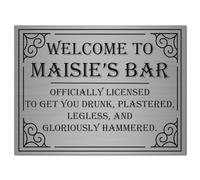 Funny Personalised Bar Sign - A5 Brushed Silver Metal Plaque 20 x 15 cm - Custom Name - Screw Holes or Adhesive Stickers