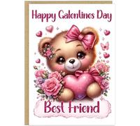 Funny Personalised Galentines Cards for Besties & Single Ladies - Custom Name Anti Valentines Day Friend Humour Valentines Cute Greetings Cards (Teddy With Roses)