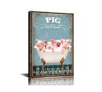 Funny Pig Decor Pig Bathroom Decor Canvas Framed Poster Wall Art Farmhouse Decor Vintage Canvas Wall Decor Bathtub Decor Home Wall Decoration Pig Gifts Ready to Hang - 18" Wx12 H