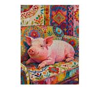 Funny Pig Sitting on Sofa 500 Pieces Jigsaw Puzzle (20.5x15 in), Adorable Farm Animal Art Puzzle for Adults, Whimsical Home Gift Idea