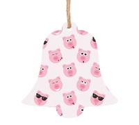 Funny Pink Pig Face Print Holiday Decorations Set, 6pcs Angel Bell Tree Snowman Wooden Ornament For Christmas Hanging