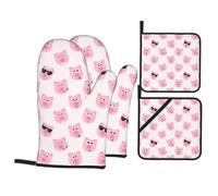 Funny Pink Pig Face Printing Oven Mitts And Pot Holders 4 Piece Set, Durable Heat Resistant Hot Pads For Kitchen Cooking