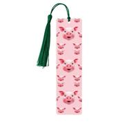 Funny Pink Pig Face Wooden Bookmarks 5 Pcs,Handmade Double-Sided Printed Book Marks Page Markers with Dark Green Tassels Book Accessories Gift for Book Lovers Women Men