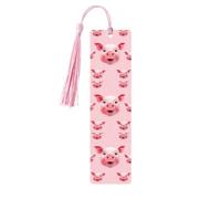 Funny Pink Pig Face Wooden Bookmarks 5 Pcs,Handmade Double-Sided Printed Book Marks Page Markers with Pink Tassels Book Accessories Gift for Book Lovers Women Men