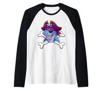 Funny Pirate Shark Crossbones Halloween Graphic Raglan Baseball Tee