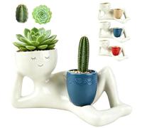 Funny Plant Pots - Lazy Guy Planter with Dual Slots & Drainage Holes - Unique Lying Down Character Succulent Pot for Cactus, Desk, Balcony & Novelty Gifts (Medium,Blue)