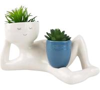 Funny Planters Smil Face Planter Pot, Lazy Guy Planter with Drainage Hole Cute Resin Funny Plant Pots Unique Lying Down Figure Succulent Pots for Succulents Cactus Home Garden Decor (Blue)