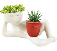 Funny Planters Smil Face Planter Pot, Lazy Guy Planter with Drainage Hole Cute Resin Funny Plant Pots Unique Lying Down Figure Succulent Pots for Succulents Cactus Home Garden Decor (Red)
