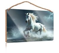 Funny Plaques for Men A White Horse Gallops Through Stormy Waters Wooded Sign Bathroom Wood Hanging Sign Decor Signs(20X30CM)
