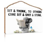 Funny Plaques For Men Elephant Reading On Toilet: A Humorous Scene Wooden Sign Spring Porch Decor Fall Office Decor(20X30CM)