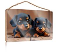 Funny Plaques For Men Two Cute Black And Tan Puppies On Wooden Floor Wooden Sign Spring Porch Decor Fall Office Decor(20X30CM)