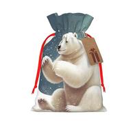 Funny Polar Bear Playing Snowball Christmas Gift Bags with Tags & Ribbon Ties, Xmas Drawstring Candy Treat Bag Christmas Gifts Sacks Reusable Gift Wrapping Bags for Holiday Party Favors Medium
