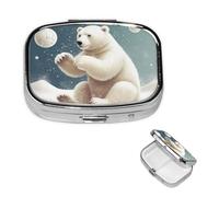 Funny Polar Bear Playing Snowball Pill Box 2 Compartment Square Portable Pill Case for Pocket or Purse Small Weekly Medicine Planner Travel Pillbox with Mirror Decorative Metal Vitamin Holder Gifts