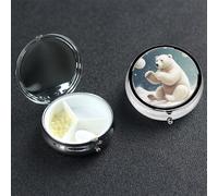 Funny Polar Bear Playing Snowball Pill Box 3 Compartment Round Portable Pill Case for Pocket or Purse Small Weekly Medicine Planner Travel Pillbox with Mirror Decorative Metal Vitamin Holder Gifts