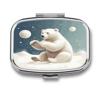 Funny Polar Bear Playing Snowball Pill Box Medicine Pill Organizer Small Pill Case Travel Pill Container Portable Pill Case for Pocket 2 Compartment Pill Holder Pill Boxes for Travel