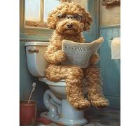 Funny Poodle Dog on Toilet Counted Cross Stitch Kit - Quirky Doodle Reading Newspaper DIY Embroidery Set for Bathroom Wall Art, 11CT Novelty Needlecraft Gift for Dog Lovers, 40x50cm