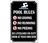 Funny Pool Rules Metal Signs,No Diving No Running No Peeing No Lifeguard On Duty Sign Pool Signs and Decor Outdoor Aluminum Waterproof,Rust Resistant 8x12 Inch (Black)