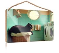 Funny Porch Decor A Black Cat Lounges in A Laundry Basket Wooded Sign Hanging Wooden Sign DIY Front Door Wooden Sign(15X28CM)
