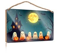 Funny Porch Decor Halloween Night with Ghosts and Pumpkins Under A Full Moon Wooded Sign Hanging Wooden Sign DIY Front Door Wooden Sign(23X35CM)