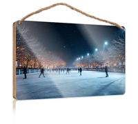 Funny Porch Decor People Skating On an Outdoor Ice Rink Under A Starry Night Sky Wooded Sign Hanging Wooden Sign DIY Front Door Wooden Sign(15X28CM)