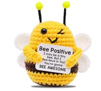 Funny Positive Bee, Positive Crochet Animals with Affirmation Cards, Handmade Good Luck Gifts for Women Men Colleague Teacher Friend, Emotional Support Gift for Home Office Desk Decor
