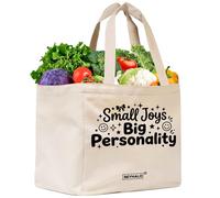 Funny Positive Extra Large Reusable Canvas Tote Bag,Small Joys, Big Personality Durable Grocery Beach Utility Bag,Heavy Duty,Foldable,Washable