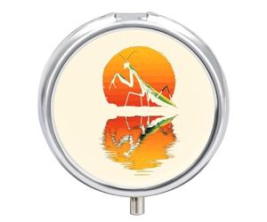 Funny Praying Mantis Sunset Small Pill Organizer with 3 Compartments Travel Medicine Case Portable Round Vitamin Storage Box