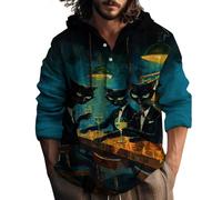 Funny Print Halloween Hoodies For Men Uk Horror Long Sleeve Sweatshirts Personalised Shirts Holiday Costume Buttons Placket Fall Clothes Pullover Sweatshirt Casual Wear Sky Blue