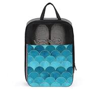 Funny Print Travel Shoe Bag,Mermaid Fish Scale Wave Japanese Bright Teal Color Shoe Bag with Zipper & Handles,Waterproof Breathable Portable Large Shoes Storage Bag Shoes Organizer Pouch for Outdoor