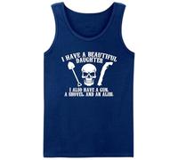 Funny Protective Father Vest - I Have a Beautiful Daughter, a Gun, a Shovel, and an Alibi for Overprotective Dads - Funny Parent Protective Undershirt - Skull & Gun - Birthday Vest Top Navy