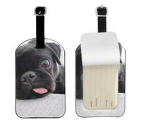 Funny Pug Black,Luggage Tags Pu Leather Name Tag Travel Suitcase Identifier ID Tags Durable Baggage Label 2 pcs