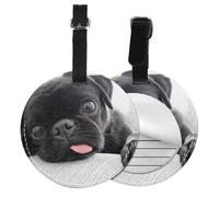 Funny Pug Black,Luggage Tags Pu Leather Name Tag Travel Suitcase Identifier ID Tags Durable Baggage Label 2 pcs